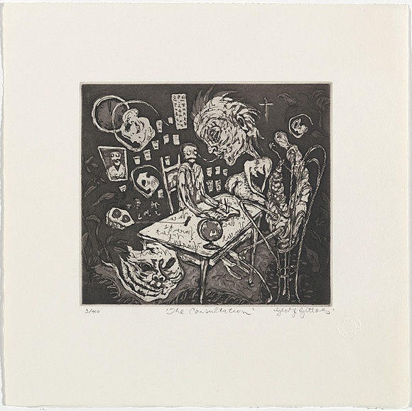 Artist: b'Gittoes, George.' | Title: b'The consultation.' | Date: 1971 | Technique: b'etching, printed in black ink, from one plate' Artist: b'Gittoes, George.' | Title: b'The consultation.' | Date: 1971 | Technique: b'etching, printed in black ink, from one plate'