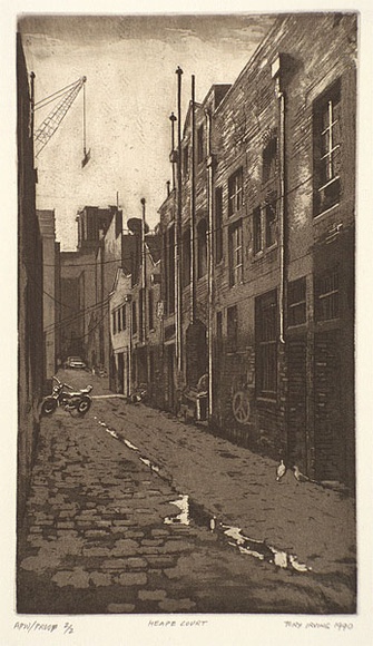 Artist: b'Irving, Tony.' | Title: b'Heape Court' | Date: 1990 | Technique: b'etching and aquatint, printed in black/brown ink, from one plate'