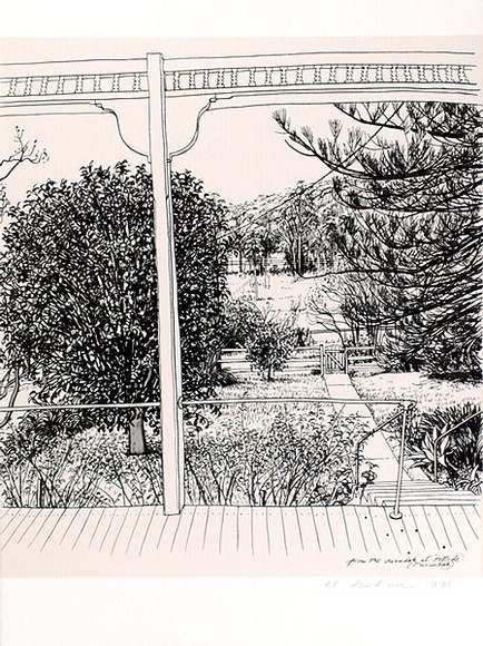 Artist: b'Rose, David.' | Title: bFrom the verandah at 'Hillside' (Ourimbah) | Date: 1991 | Technique: b'screenprint, printed in colour, from multiple stencils' Artist: b'Rose, David.' | Title: bFrom the verandah at 'Hillside' (Ourimbah) | Date: 1991 | Technique: b'screenprint, printed in colour, from multiple stencils'