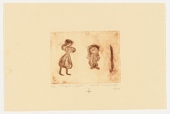 Artist: b'Nampitjinpa, Kawai.' | Title: b'Minyma + pipirri' | Date: 2004 | Technique: b'drypoint etching, printed in brown ink, from one perspex plate'