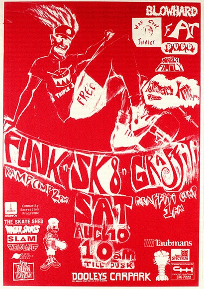 Artist: b'ACCESS 7' | Title: bFunk, SK8 'n' Graffiti | Date: 1991, July | Technique: b'screenprint, printed in pink ink, from one stencil'