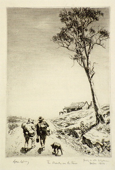 Artist: b'LINDSAY, Lionel' | Title: b'The shanty on the rise' | Date: 1922 | Technique: b'etching, printed in black ink, with plate-tone, from one plate' | Copyright: b'Courtesy of the National Library of Australia' Artist: b'LINDSAY, Lionel' | Title: b'The shanty on the rise' | Date: 1922 | Technique: b'etching, printed in black ink, with plate-tone, from one plate' | Copyright: b'Courtesy of the National Library of Australia'