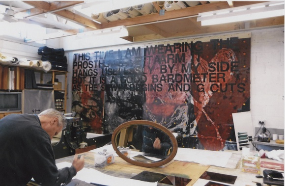 Artist: LOANE, John | Title: Mike Parr working from  mirror at Viridian Press, ANCA studio, Canberra.