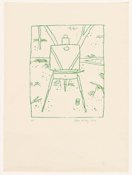 Artist: b'Hickey, Dale.' | Title: b(Artist's easel in the landscape) | Date: 1979 | Technique: b'lithograph, printed in green ink, from one stencil' Artist: b'Hickey, Dale.' | Title: b(Artist's easel in the landscape) | Date: 1979 | Technique: b'lithograph, printed in green ink, from one stencil'