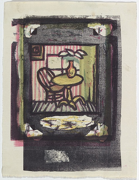 Artist: b'Barwell, Geoff.' | Title: b'(Interior).' | Date: (1955) | Technique: b'linocut, printed in colour, from five blocks' Artist: b'Barwell, Geoff.' | Title: b'(Interior).' | Date: (1955) | Technique: b'linocut, printed in colour, from five blocks'