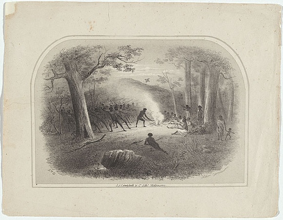 Artist: b'GILL, S.T.' | Title: b'Native corrobborree.' | Date: c.1854 | Technique: b'lithograph, printed in colour, from two stones (black and buff)' Artist: b'GILL, S.T.' | Title: b'Native corrobborree.' | Date: c.1854 | Technique: b'lithograph, printed in colour, from two stones (black and buff)'