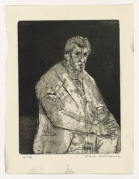 Artist: b'WILLIAMS, Fred' | Title: b'Merchant seaman. Number 3' | Date: 1955-56 | Technique: b'etching, aquatint, engraving, rough biting, printed in black ink, from one copper plate' | Copyright: b'\xc2\xa9 Fred Williams Estate' Artist: b'WILLIAMS, Fred' | Title: b'Merchant seaman. Number 3' | Date: 1955-56 | Technique: b'etching, aquatint, engraving, rough biting, printed in black ink, from one copper plate' | Copyright: b'\xc2\xa9 Fred Williams Estate'