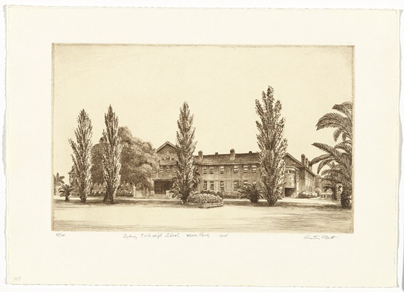 Artist: b'PLATT, Austin' | Title: b'Sydney Girls High School, Moore Park' | Date: 1945 | Technique: b'etching, printed in black ink, from one plate' Artist: b'PLATT, Austin' | Title: b'Sydney Girls High School, Moore Park' | Date: 1945 | Technique: b'etching, printed in black ink, from one plate'
