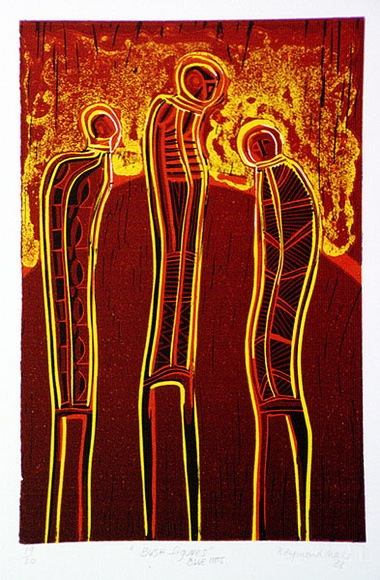 Artist: b'Meeks, Arone Raymond.' | Title: b'Bush figures, Blue Mountains' | Date: 1988 | Technique: b'linocut, printed in colour, from reduction block process' Artist: b'Meeks, Arone Raymond.' | Title: b'Bush figures, Blue Mountains' | Date: 1988 | Technique: b'linocut, printed in colour, from reduction block process'