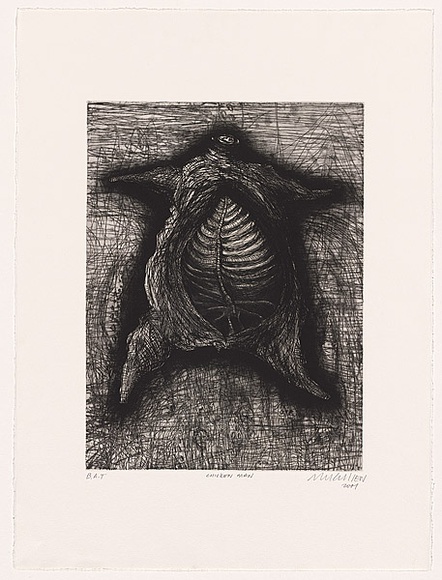 Artist: b'Cullen, Adam.' | Title: b'Chicken man.' | Date: 2001 | Technique: b'etching, aquatint and open bite, printed in black ink, from one plate' Artist: b'Cullen, Adam.' | Title: b'Chicken man.' | Date: 2001 | Technique: b'etching, aquatint and open bite, printed in black ink, from one plate'