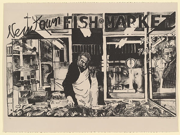 Artist: b'Davies, Amanda.' | Title: b'Newtown fish market.' | Date: 1984 | Technique: b'lithograph, printed in black ink, from one plate' Artist: b'Davies, Amanda.' | Title: b'Newtown fish market.' | Date: 1984 | Technique: b'lithograph, printed in black ink, from one plate'