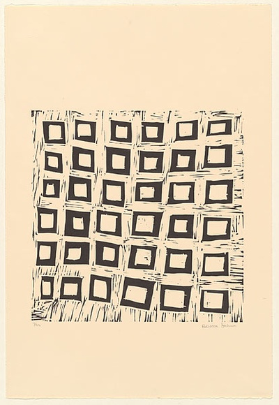 Artist: b'Joshua, Rebecca.' | Title: b'Patterns (squares)' | Date: c.2001 | Technique: b'linocut, printed in black ink, from one block' Artist: b'Joshua, Rebecca.' | Title: b'Patterns (squares)' | Date: c.2001 | Technique: b'linocut, printed in black ink, from one block'