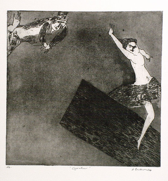 Artist: b'BALDESSIN, George' | Title: b'Gyration.' | Date: 1964 | Technique: b'etching and aquatint, printed in black ink, from one plate' Artist: b'BALDESSIN, George' | Title: b'Gyration.' | Date: 1964 | Technique: b'etching and aquatint, printed in black ink, from one plate'