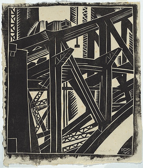 Artist: b'Weitzel, Frank.' | Title: b'Sydney Bridge.' | Date: c.1929 | Technique: b'linocut, printed in black ink, from one block' Artist: b'Weitzel, Frank.' | Title: b'Sydney Bridge.' | Date: c.1929 | Technique: b'linocut, printed in black ink, from one block'