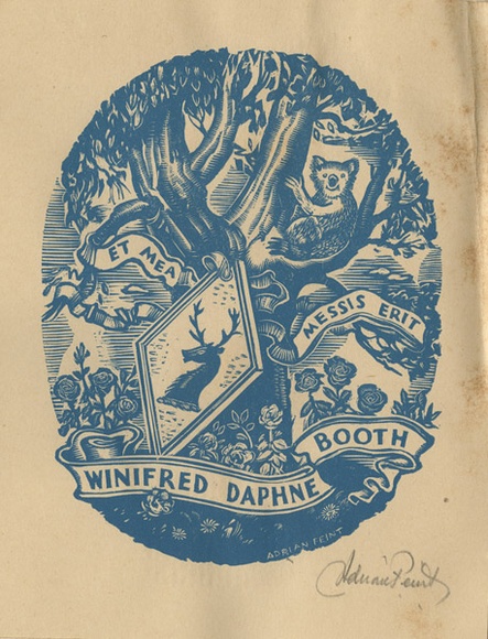 Artist: b'FEINT, Adrian' | Title: b'Bookplate: Winifred Daphne Booth.' | Date: (1938) | Technique: b'wood-engraving, printed in blue ink, from one block' | Copyright: b'Courtesy the Estate of Adrian Feint' Artist: b'FEINT, Adrian' | Title: b'Bookplate: Winifred Daphne Booth.' | Date: (1938) | Technique: b'wood-engraving, printed in blue ink, from one block' | Copyright: b'Courtesy the Estate of Adrian Feint'