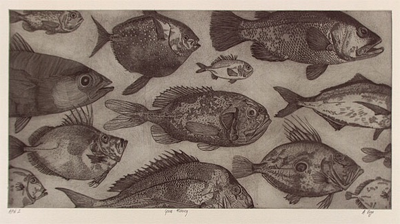 Artist: b'Virgo, Anne.' | Title: b'Gone fishing' | Date: 2001 | Technique: b'etching, printed in black ink with plate-tone, from one plate' Artist: b'Virgo, Anne.' | Title: b'Gone fishing' | Date: 2001 | Technique: b'etching, printed in black ink with plate-tone, from one plate'