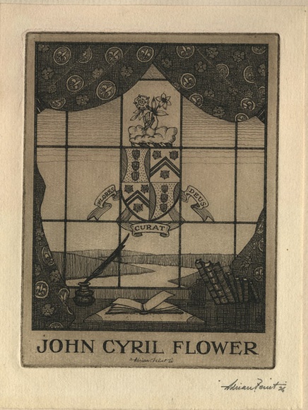 Artist: b'FEINT, Adrian' | Title: b'Bookplate: John Cyril Flower.' | Date: 1926 | Technique: b'etching, printed in brown ink with plate-tone, from one plate' | Copyright: b'Courtesy the Estate of Adrian Feint' Artist: b'FEINT, Adrian' | Title: b'Bookplate: John Cyril Flower.' | Date: 1926 | Technique: b'etching, printed in brown ink with plate-tone, from one plate' | Copyright: b'Courtesy the Estate of Adrian Feint'