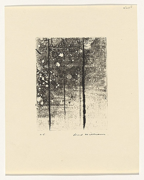 Artist: b'WILLIAMS, Fred' | Title: b'Landscape panel. Number 4' | Date: 1962 | Technique: b'drypoint, engraving and aquatint, printed in black ink, from one copper plate' | Copyright: b'\xc2\xa9 Fred Williams Estate' Artist: b'WILLIAMS, Fred' | Title: b'Landscape panel. Number 4' | Date: 1962 | Technique: b'drypoint, engraving and aquatint, printed in black ink, from one copper plate' | Copyright: b'\xc2\xa9 Fred Williams Estate'