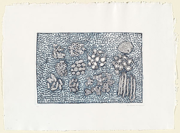 Artist: b'RED HAND PRINT' | Title: b'Imagery representing seafood of the area like mangrove worm, turtle eggs, mud crabs, long bums, periwinkles, stingray, dugong' | Date: 1999, November | Technique: b'etching, line-etching, sugarlift openbite and aquatint, printed in black ink, from one plate' Artist: b'RED HAND PRINT' | Title: b'Imagery representing seafood of the area like mangrove worm, turtle eggs, mud crabs, long bums, periwinkles, stingray, dugong' | Date: 1999, November | Technique: b'etching, line-etching, sugarlift openbite and aquatint, printed in black ink, from one plate'