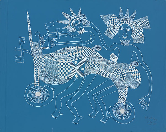 Artist: b'Kauage, Mathias.' | Title: b'Motor cyclists' | Date: December 1975 | Technique: b'screenprint, printed in white and blue, from two screens' | Copyright: b'\xc2\xa9 approved by Elisabeth Kauage' Artist: b'Kauage, Mathias.' | Title: b'Motor cyclists' | Date: December 1975 | Technique: b'screenprint, printed in white and blue, from two screens' | Copyright: b'\xc2\xa9 approved by Elisabeth Kauage'