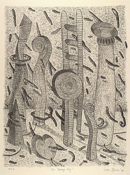 Artist: b'Bowen, Dean.' | Title: b'The strange city' | Date: 1988 | Technique: b'lithograph, printed in black ink, from one stone' Artist: b'Bowen, Dean.' | Title: b'The strange city' | Date: 1988 | Technique: b'lithograph, printed in black ink, from one stone'