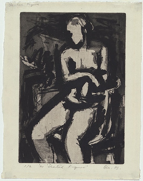 Artist: b'MADDOCK, Bea' | Title: b'Seated figure' | Date: 1960-1961 | Technique: b'etching, sugar-lift aquatint and softground etching, printed in black ink, from one zinc plate' Artist: b'MADDOCK, Bea' | Title: b'Seated figure' | Date: 1960-1961 | Technique: b'etching, sugar-lift aquatint and softground etching, printed in black ink, from one zinc plate'