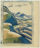 Artist: Black, Dorrit. | Title: The mountain lake. | Date: c.1935 | Technique: linocut, printed in colour, from four blocks (yellow-brown ochre, emerald green, cobalt blue, ultramarine)