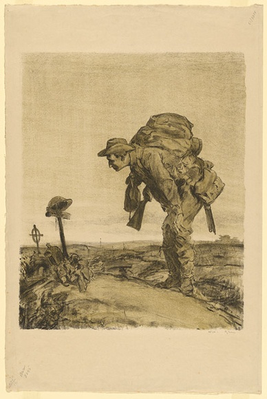 Artist: b'Dyson, Will.' | Title: b'One of the old platoon.' | Date: 1917 | Technique: b'lithograph, printed in colour, from two stones (black and green)' Artist: b'Dyson, Will.' | Title: b'One of the old platoon.' | Date: 1917 | Technique: b'lithograph, printed in colour, from two stones (black and green)'