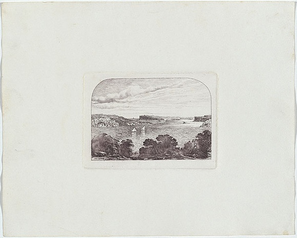 Artist: b'Terry, F.C.' | Title: b'(Sydney Heads).' | Date: c.1860 | Technique: b'etching, printed in purpleish black ink, from one plate' Artist: b'Terry, F.C.' | Title: b'(Sydney Heads).' | Date: c.1860 | Technique: b'etching, printed in purpleish black ink, from one plate'