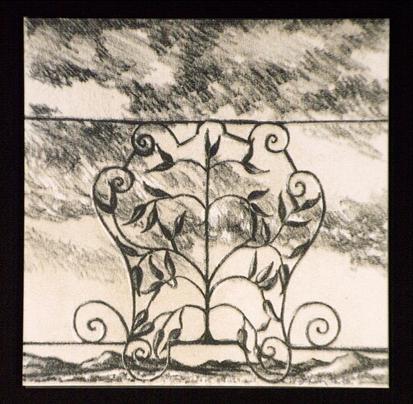 Artist: b'Keeling, David.' | Title: b'(landscape, moon and clouds through wrought-iron screen).' | Date: 1996 | Technique: b'lithograph, printed in colour, from two stone plates' | Copyright: b'This work appears on screen courtesy of the artist and copyright holder' Artist: b'Keeling, David.' | Title: b'(landscape, moon and clouds through wrought-iron screen).' | Date: 1996 | Technique: b'lithograph, printed in colour, from two stone plates' | Copyright: b'This work appears on screen courtesy of the artist and copyright holder'