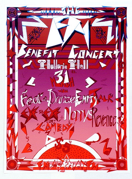 Artist: b'ARNOLD, Raymond' | Title: b'The FM benefit concert, Hellenic Hall.' | Date: 1983 | Technique: b'screenprint, printed in colour, from four stencils'
