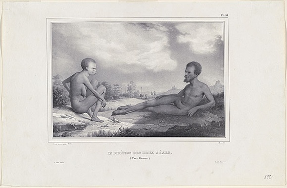 Title: b'Indigenes des deux sexes. Van-Diemen. (Natives of both sexes)' | Date: c.1833 | Technique: b'lithograph, printed in black ink, from one stone' Title: b'Indigenes des deux sexes. Van-Diemen. (Natives of both sexes)' | Date: c.1833 | Technique: b'lithograph, printed in black ink, from one stone'