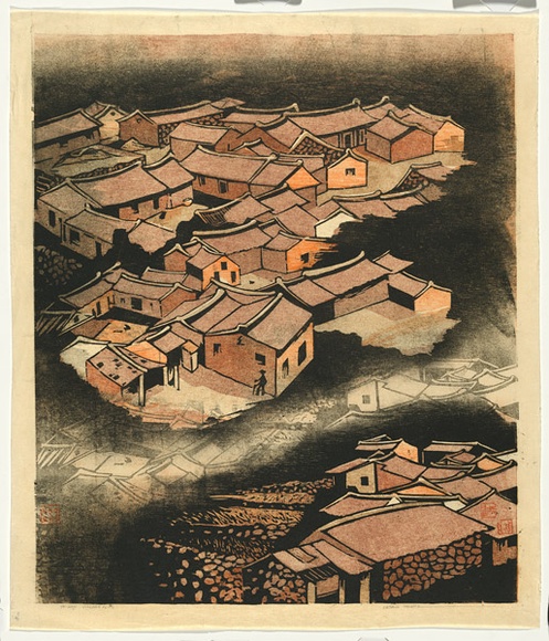 Artist: b'Thorpe, Lesbia.' | Title: b'Taiwan village, number 2' | Date: 1977 | Technique: b'woodcut, printed in colour, from four blocks' Artist: b'Thorpe, Lesbia.' | Title: b'Taiwan village, number 2' | Date: 1977 | Technique: b'woodcut, printed in colour, from four blocks'