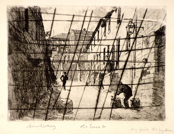 Artist: LINDSAY, Lionel | Title: Old Essex Street from George Street. | Date: 1911 | Technique: etching, drypoint and foul-biting, printed in brown ink, from one plate | Copyright: Courtesy of the National Library of Australia Artist: LINDSAY, Lionel | Title: Old Essex Street from George Street. | Date: 1911 | Technique: etching, drypoint and foul-biting, printed in brown ink, from one plate | Copyright: Courtesy of the National Library of Australia