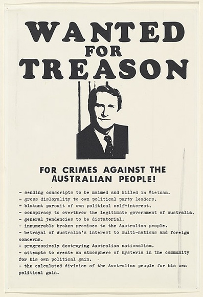 Artist: b'Dorczak, Stasiu.' | Title: b'Wanted for treason FOR CRIMES AGAINST THE AUSTRALIAN PEOPLE!.' | Date: 1980 | Technique: b'screenprint' | Copyright: b'\xc2\xa9 Stasiu Dorczak' Artist: b'Dorczak, Stasiu.' | Title: b'Wanted for treason FOR CRIMES AGAINST THE AUSTRALIAN PEOPLE!.' | Date: 1980 | Technique: b'screenprint' | Copyright: b'\xc2\xa9 Stasiu Dorczak'