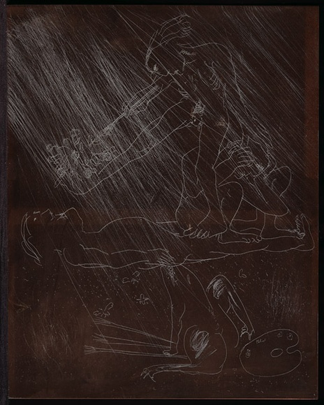 Artist: b'BOYD, Arthur' | Title: b'Plate 51: (Three figures, beast and palette).' | Date: 1960-70 | Technique: b'etched plate' | Copyright: b'This work appears on screen courtesy of Bundanon Trust' Artist: b'BOYD, Arthur' | Title: b'Plate 51: (Three figures, beast and palette).' | Date: 1960-70 | Technique: b'etched plate' | Copyright: b'This work appears on screen courtesy of Bundanon Trust'