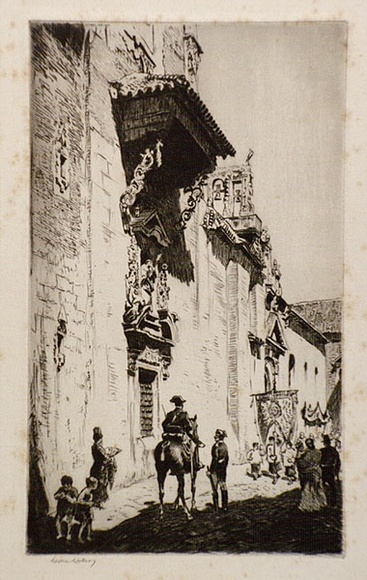 Artist: b'LINDSAY, Lionel' | Title: b'A church in Seville' | Date: 1928 | Technique: b'drypoint, printed in brown ink with plate-tone, from one plate' | Copyright: b'Courtesy of the National Library of Australia' Artist: b'LINDSAY, Lionel' | Title: b'A church in Seville' | Date: 1928 | Technique: b'drypoint, printed in brown ink with plate-tone, from one plate' | Copyright: b'Courtesy of the National Library of Australia'