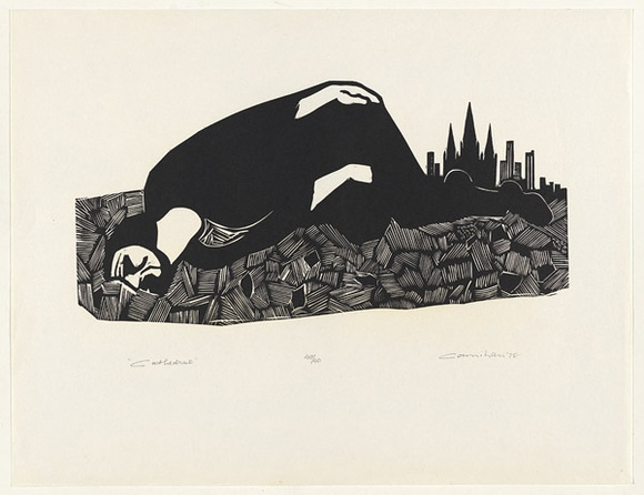 Artist: b'Counihan, Noel.' | Title: b'Cathedral II.' | Date: 1978, August | Technique: b'linocut, printed in black ink, from one block' Artist: b'Counihan, Noel.' | Title: b'Cathedral II.' | Date: 1978, August | Technique: b'linocut, printed in black ink, from one block'