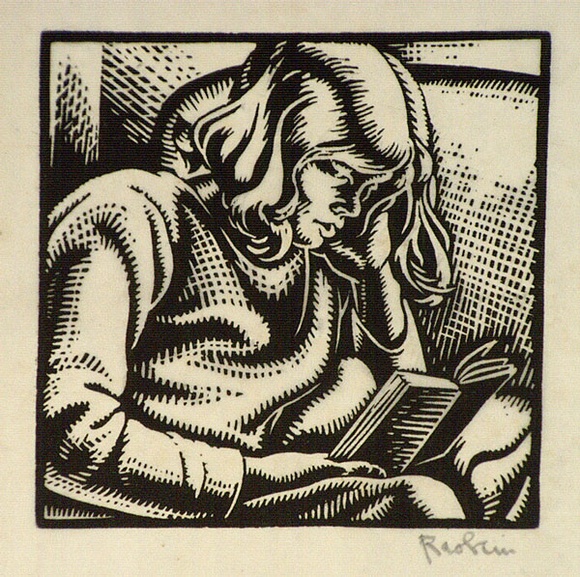 Artist: Hawkins, Weaver. | Title: (Girl reading a book) | Date: c.1928 | Technique: woodcut, printed in black ink, from one block | Copyright: The Estate of H.F Weaver Hawkins