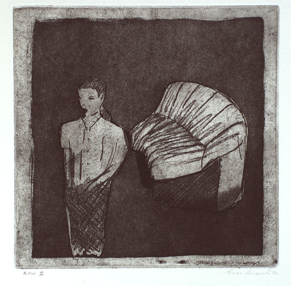 Artist: b'Anceschi, Eros.' | Title: b'Singer (with couch)' | Date: 1992, July | Technique: b'etching, aquatint and roulette, printed in black ink, from one plate' Artist: b'Anceschi, Eros.' | Title: b'Singer (with couch)' | Date: 1992, July | Technique: b'etching, aquatint and roulette, printed in black ink, from one plate'