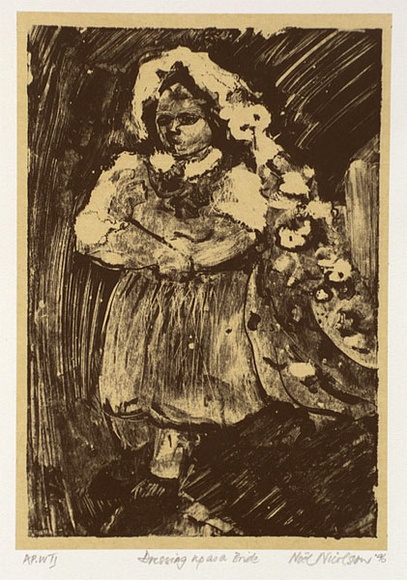 Artist: b'NICOLSON, Noel' | Title: b'Dressing up as a bride' | Date: 1996, April | Technique: b'lithograph, printed in black ink, from one plate' Artist: b'NICOLSON, Noel' | Title: b'Dressing up as a bride' | Date: 1996, April | Technique: b'lithograph, printed in black ink, from one plate'