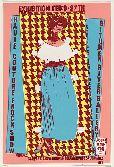 Artist: b'Alder, Alison.' | Title: b'Haute Couture Frock Show - Bitumen River Clothing by Janet McKenzie.' | Date: 1981 | Technique: b'screenprint, printed in colour, from four stencils' Artist: b'Alder, Alison.' | Title: b'Haute Couture Frock Show - Bitumen River Clothing by Janet McKenzie.' | Date: 1981 | Technique: b'screenprint, printed in colour, from four stencils'