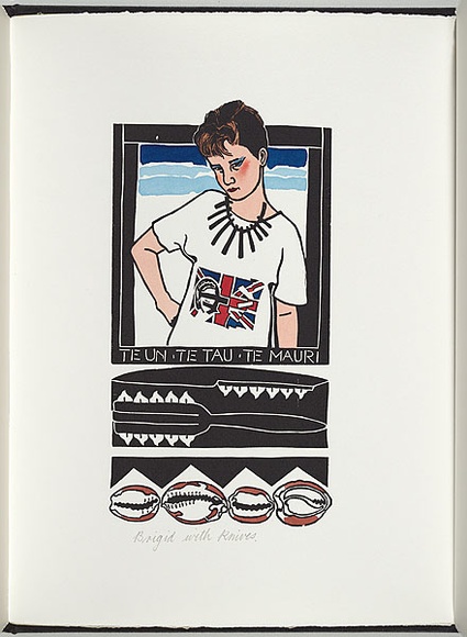 Artist: b'White, Robin.' | Title: b'Not titled (Brigid with knives).' | Date: 1985 | Technique: b'woodcut, printed in black ink, from one block; handcoloured' Artist: b'White, Robin.' | Title: b'Not titled (Brigid with knives).' | Date: 1985 | Technique: b'woodcut, printed in black ink, from one block; handcoloured'