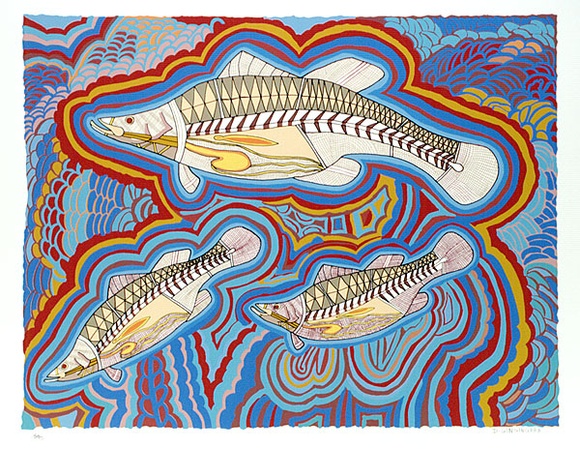 Artist: b'Gingingara, Doris.' | Title: b'Three barramundi' | Technique: b'screenprint, printed in colour, from multiple stencils' Artist: b'Gingingara, Doris.' | Title: b'Three barramundi' | Technique: b'screenprint, printed in colour, from multiple stencils'