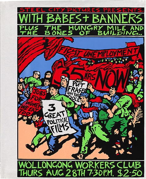 Artist: b'REDBACK GRAPHIX' | Title: b'With Babes & Banners.' | Date: 1980 | Technique: b'screenprint, printed in colour, from five stencils' | Copyright: b'\xc2\xa9 Michael Callaghan'