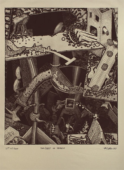 Artist: b'Ralph, Timothy' | Title: b'The sleep of reason' | Date: 1987 | Technique: b'etching and sugarleft, printed in black ink, from one plate' | Copyright: b'\xc2\xa9 Timothy Ralph. Licensed by VISCOPY, Australia' Artist: b'Ralph, Timothy' | Title: b'The sleep of reason' | Date: 1987 | Technique: b'etching and sugarleft, printed in black ink, from one plate' | Copyright: b'\xc2\xa9 Timothy Ralph. Licensed by VISCOPY, Australia'