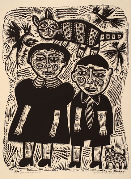 Artist: b'HANRAHAN, Barbara' | Title: b'Small girl and boy' | Date: 1989 | Technique: b'linocut, printed in black ink, from one block' Artist: b'HANRAHAN, Barbara' | Title: b'Small girl and boy' | Date: 1989 | Technique: b'linocut, printed in black ink, from one block'