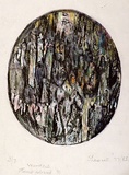 Artist: b'Shearer, Mitzi.' | Title: b'not titled [oval]' | Date: 1977-85 | Technique: b'woodcut, printed in black ink, from one block, hand-coloured, various colour'