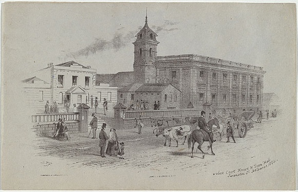 Artist: b'GILL, S.T.' | Title: b'Police court house and town hall, Swanston st Melbourne.' | Date: 1854 | Technique: b'lithograph, printed in black ink, from one stone' Artist: b'GILL, S.T.' | Title: b'Police court house and town hall, Swanston st Melbourne.' | Date: 1854 | Technique: b'lithograph, printed in black ink, from one stone'