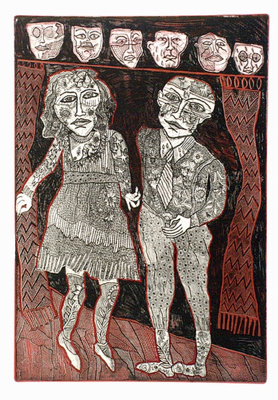 Artist: b'HANRAHAN, Barbara' | Title: b'Masquerade' | Date: 1979 | Technique: b'colour etching printed in colour from two plates' Artist: b'HANRAHAN, Barbara' | Title: b'Masquerade' | Date: 1979 | Technique: b'colour etching printed in colour from two plates'